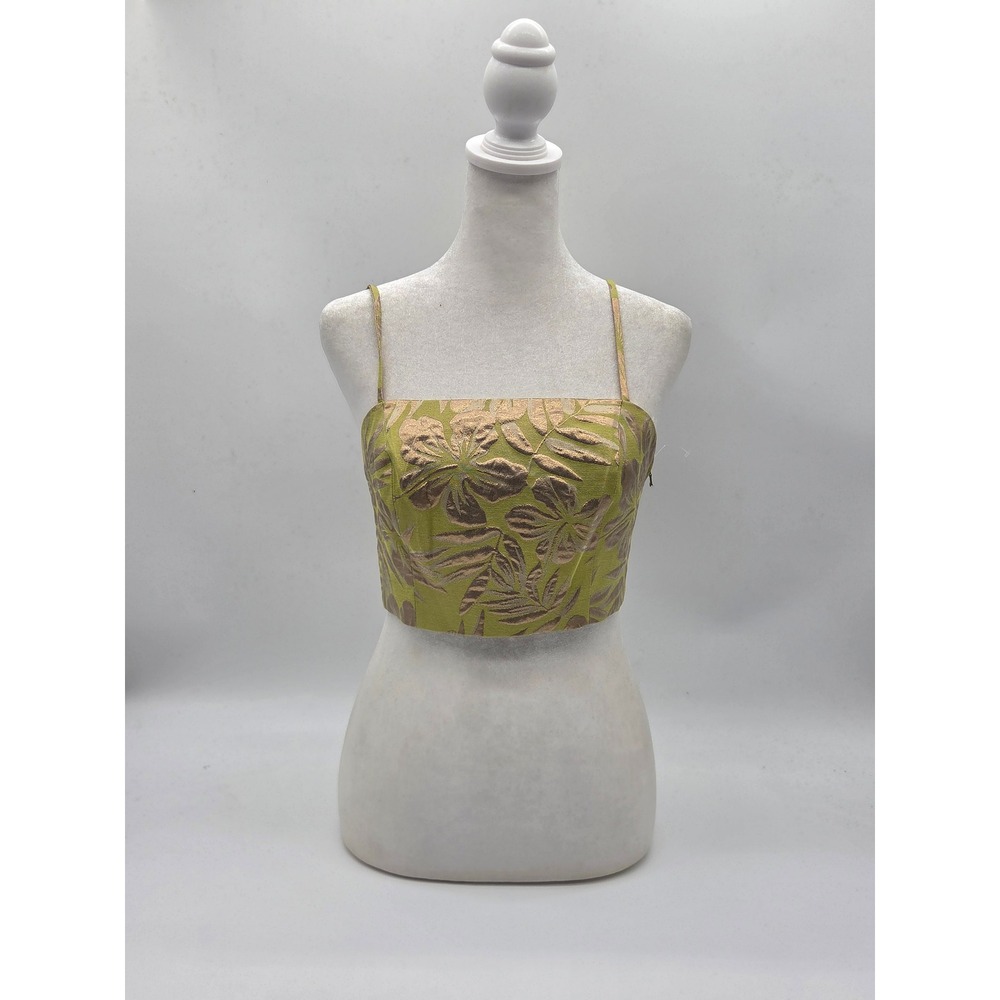 Trina Turk Size 2 Green Metallic Floral Jacquard Crop Cami Top